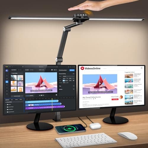Syrinx LED Desk Lamp with Clamp, Double Head Desk Lamps for Home Office with Gesture Sensor Switch and Touch Control, 24W Eye-Caring Architect Desk Lamp with 25 Light Modes Adjustable Desk Light