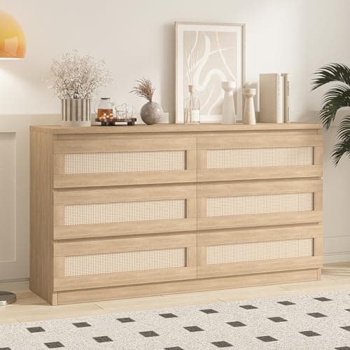 GarveeHome Rattan Dresser for Bedroom, 6 Drawer Dresser for Closet, Wide Wood Dressers & Chests of Drawers, Nightstands, TV Stands for Living Room, Entryway, Cloakroom, Hallway, Natural Oak 7