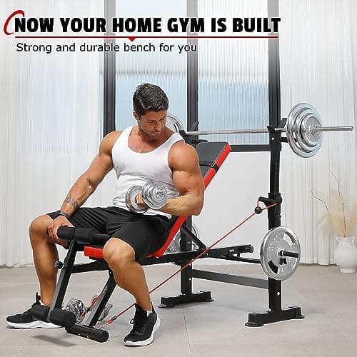 OPPSDECOR Adjustable Weight Bench Set with Squat Barbell Rack and Removable Foot Bracket, Bench Press Workout Bench with Weight Storage Sit up Incline Flat Decline 600lbs 6 in 1 Weight Bench for Full 7