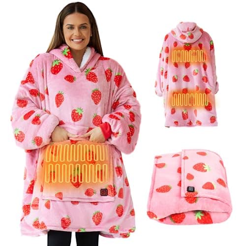 Cootway Heated Wearable Blanket Hoodie, 3 Heat Level Oversized Strawberry Blanket Hoodie for Women Without Battery Pack, Cozy Warm Sweatshirt Blanket, USB Heating Hooded Blanket w/Sleeves&Giant Pocket