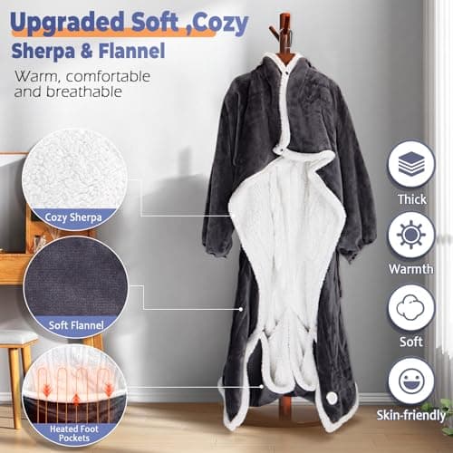 Wearable Heated Blanket with Foot Pocket, Electric Wearable Throw Blanket with Sleeves, Hood, Portable Heated Blanket with 8 Heat Settings, 1-10 Hours Auto Shut-off, Gift for Family, Friends, 50*70" 6