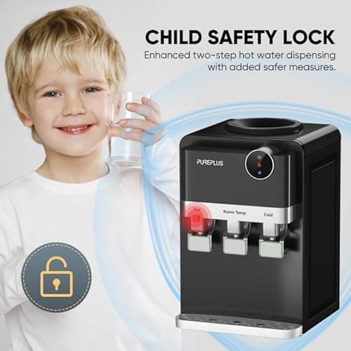 PUREPLUS Top Loading Water Cooler Dispenser, Countertop Water Cooler for 3 or 5 Gallon Bottles, Hot & Cold Water, 3 Temperature Settings, Child Safety Lock, Removable Drip Tray for Home, Office 5