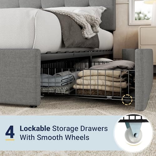Allewie Upholstered Queen Size Platform Bed Frame with 4 Storage Drawers and Headboard, Square Stitched Button Tufted, Mattress Foundation with Wooden Slats Support, No Box Spring Needed, Light Grey 5