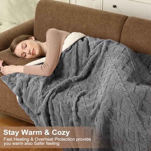 STARBEDIA Heated Blanket King Size Electric Blanket Dual Control, Wireless Heating Blanket with 10 Heat & 10 Time Setting, Fasting Heating Sherpa Tufted Blanket for Bed, ETL Certified, Grey,90"x100" 7