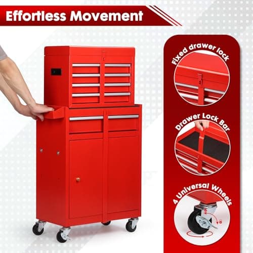 Dawmilon 5-Drawer Rolling Tool Chest with Wheels - High Capacity Tool Cabinet with Detachable Top Toolbox for Garage and Workshop Organization - Metal Tool Cart with Liner & 4 Hooks, Red 5