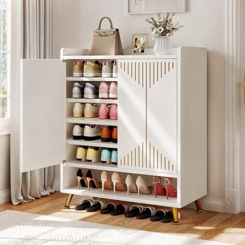 YITAHOME Shoe Cabinet with Doors for Entryway, 5-Tier White Shoe Storage Cabinet Modern Self-Supporting Wood Organizer Cabinet for Entryway Living Room Hallway, White&Gold