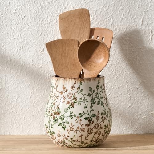 JIEMEI HOME Kitchen Utensil Holder, 6.3" Ceramic Rustic Utensil Crock for Countertop, Farmhouse Cooking Tool Organizer, Spatula Holder For Kitchen Decor, Green and Brown Floral