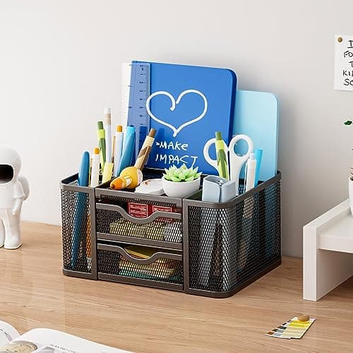 Marbrasse Mesh Desk Organizer, Pen Organizer with 2 Drawer, Multi-Functional Pencil Holder, Desk Organizers and Accessories with 5 Compartments + Drawer for Office Art Supplies (Black) 5