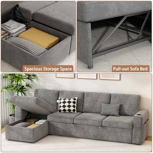 wanan 103" Sleeper Sofa, L-Shaped Sectional Sofa Bed with Storage Chaise, 4-Seater Reversible 2 in 1 Pull Out Couch with Cup Holders for Living Room, Grey 6