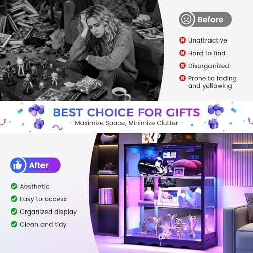 Dystler RGB Display Cabinet with Glass Doors - 39’‘ Tall Curio Cabinet with Lock & Adjustable Shelves, 3-Tier Display Case with Lights, for Collectibles/Figure/Helmet/Football, Black 5