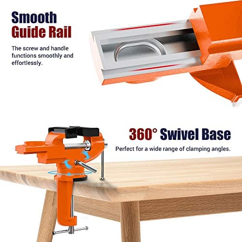 Nuovoware Table Vise 3 Inch, 360° Swivel Base Universal Home Vise Portable Bench Clamp, Clamp-on Vise Bench Clamps Fixed Tool for Woodworking, Metalworking, Cutting Conduit, Drilling, Sawing, Orange 5