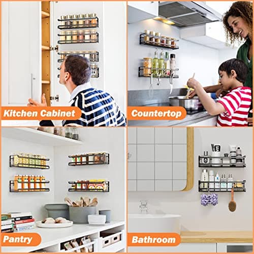Bunoxea Spice Rack Wall Mounted 4 Pack,Space-Saving Spice Organizer for Spice Jars and Seasonings,Screw or Adhesive Hanging Spice Rack Organizer for Your Kitchen Cabinet,Pantry Door,11.41x2.75x2.75in 6