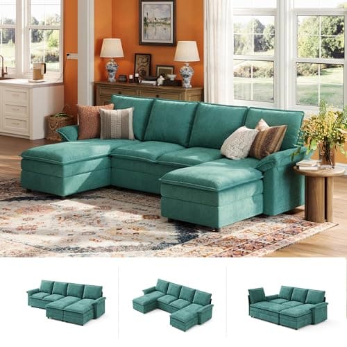 LINSY HOME Modular Sectional Couches, 115" U Shaped Sofa with Double Chaise, Chenille 4-Seat Sofa Set for Living Room, Apartment, Office, Green