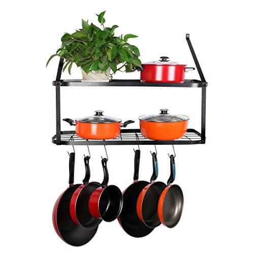 Vdomus Hanging Pot and Pan Organizer - Rustproof Wall Mounted Rack for Kitchen Storage - Durable, Thick Iron Material - 2-Tier Shelf with 10 Hooks for Utensils - Wall Mounted Black Pot Rack 7