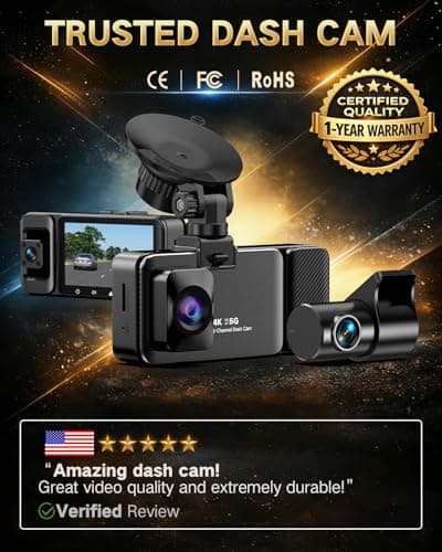 LECTRUS 4K Dash Cam Front and Rear Inside, 3-Channel Cars Camera Dash with 170° Wide Angle, Free 64GB SD Card, 5.8GHz WiFi, Night Vision, G-Sensor, Loop Recording, Parking Monitor, USB C, Max 256GB 9