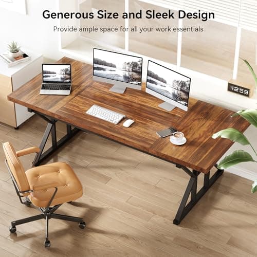 LITTLE TREE 70.8-Inch Office Desk, Wooden Executive Office Desk, Modern Work Desk, Large Farmhouse Writing Table Computer Desk for Home, Brown-Black 5