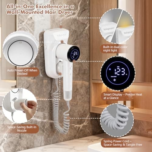 Kalapuyar 2026 Wall-Mount Hair Dryer 4 Heat 2 Speed Settings High-Speed 1600W Bathroom Blow Dryer with LED Nightlight White 5