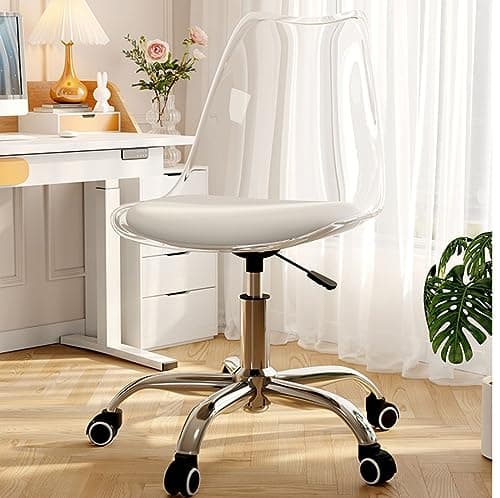 Modern Small Cute Armless Vanity Rolling Chair, Ergonomic Clear Chair, Adjustable Swivel Chair for Office, Home, Make Up, Small Space, Bed Room (Clear)