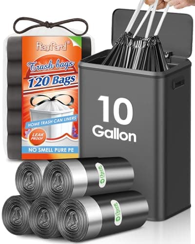10 Gallon (fit 30-35 Liter) 120 Counts Drawstring Trash Bags By RayPard, Medium Large Kitchen Garbage Bags Trash Can Liners for Home, Office, Light Residential Waste Outdoor Lawn Bags, Black