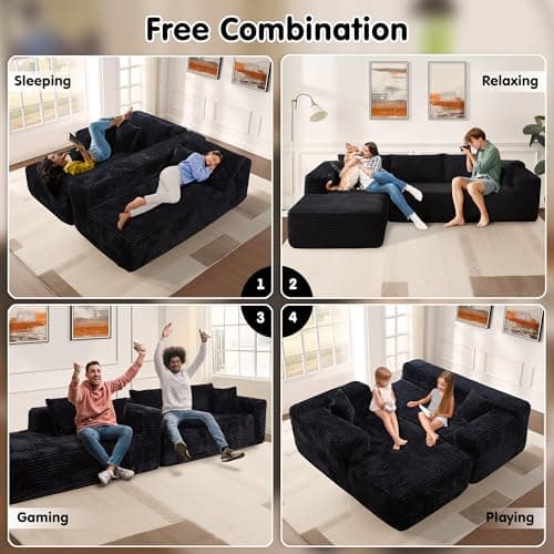 ovios 104" Cloud Boneless Couch with L-Shape Chaise,Modern Sectional Modular Sofa with Deep Seat, Upholstered Couches for Living Room Bedroom,No Assembly Required, Black (Plush Corduroy Fabric) 6