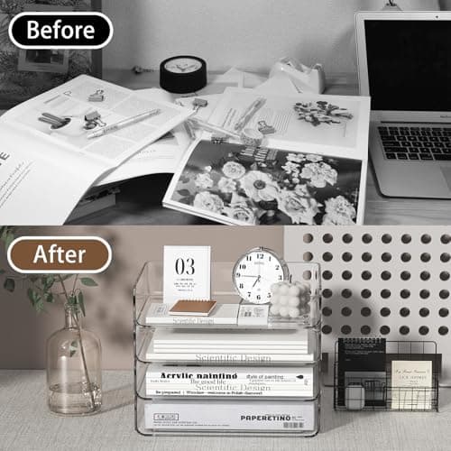 FANXIYQ 4-Tier Acrylic Paper Tray Organizer - Low-Profile Desk File Sorter for Office/Home, Clear Stackable Letter Tray for Bills, Crafts, Notebooks 7