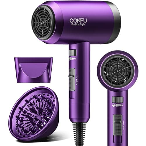 Hair Dryer with Diffuser, CONFU Ionic Blow Dryer 1600W, Portable Lightweight Fast Drying Negative Ion Hairdryer, 3 Heat Settings with Diffuser and Concentrator Nozzle for Home & Travel