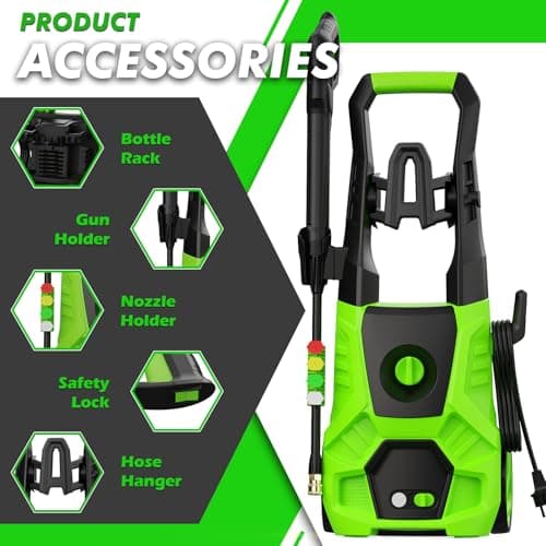 Electric Pressure Washer - 4500 PSI, 2.8 GPM High Power Washer Electric Powered with 35FT Power Cord, 4 Nozzles, Foam Cannon for Cleaning Cars, Driveways, Patios, Gardens, and Outdoor Surface, Green 2