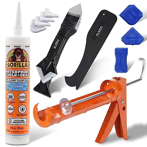 Gorilla Caulk Sealant 100% Silicone, 10oz Cartridge, White + KLEEG Caulk Gun and Caulking Tool Kit - Dripless Gun, Removal Tool, 3in1 Scraper Sealant 7