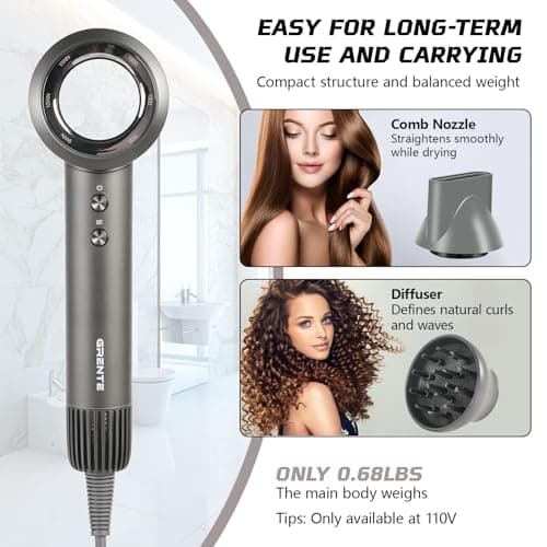 Grente High Speed Hair Dryer - 110,000 RPM Brushless Motor 1500W, 3 Speeds & 4 Heat Settings with Concentrator Nozzle, Thermostatic Hair Protection, Lightweight Quiet, Unisex Grey 7