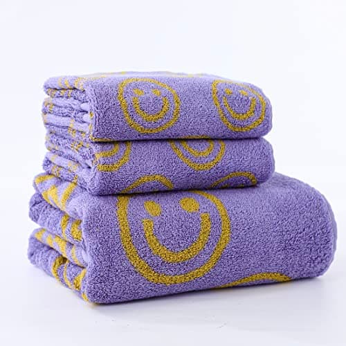 IDORESPELL Luxury Purple Yellow Cute Smiling Face Bath Towel Sets for Bathroom, 1 Bath Towels 2 Hand Towels Washcloths, 100% Cotton Ultra Soft Highly Absorbent for Women Kids Girl Boy Face Body