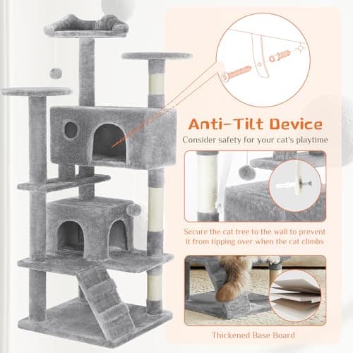 Sweetcrispy 54 Inch Cat Tree Tower, Multi-Level Tower with Cat Scratching Post, Indoor Cat Condo with Climbing Ladder, Plush Toy, Play House for Cat, Light Grey 6