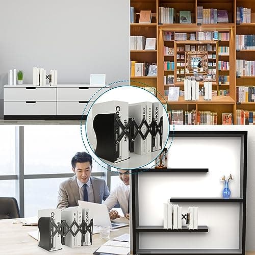 SHUESS 2 Pack Adjustable Bookends Metal Expandable Bookends for Heavy Book Holder, 2 Dividers, Black Book Stoppers to Hold Books Heavy Duty, Desk Book Ends for Shelves for Office & School 7