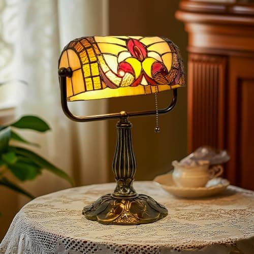 Tiffany Style Bankers Lamp - Stained Glass Desk Lamps with Baroque Design & Pull Chain, Vintage Table Lamp Bankers Desk Light for Office Bedroom Nightstand Living Room LED Bulb Included