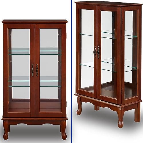 Anwick China Cabinet &Curio Cabinets with Glass Doors, Lighted Display Cabinet with Mirrored Back Panel, Tempered Glass and 3 Tiers Adjustable Shelves (Cherry) 6