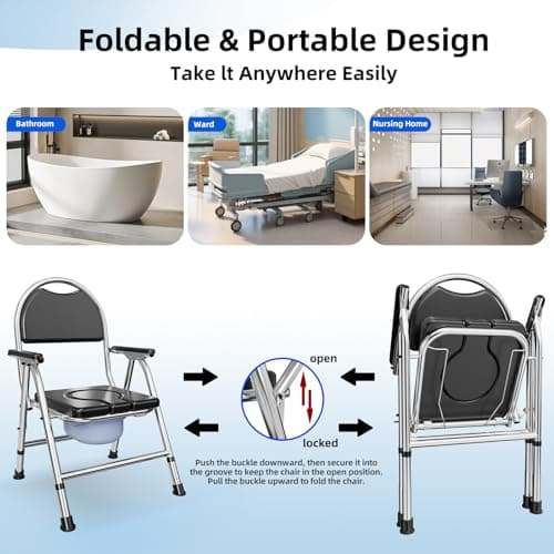 4 in 1 Folding Bedside Commode Chair for Elderly with Arms and Back,Adjustable Height Raised Toilet Seat with Handles,Adults Potty Chair for Seniors,Disabled Holds Up to 350 lbs 2