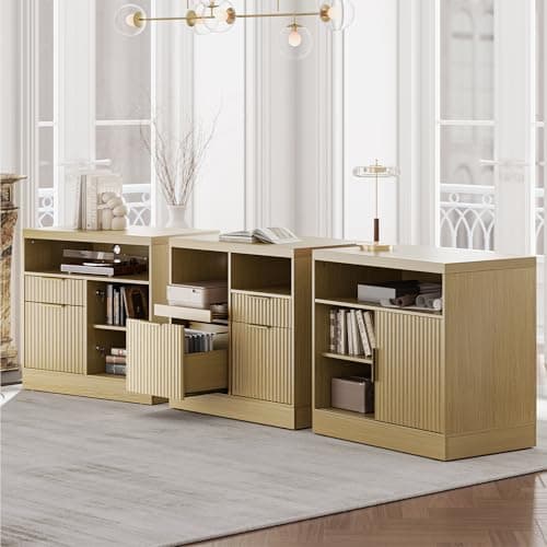 Perledesign 3 Drawer File Cabinet, Fluted Wood Lateral Filing Cabinet with Charging Station for Home Office, Fits for A4/Letter-Sized Files, Printer Stand with Open Storage Shelves, Light Walnut 9