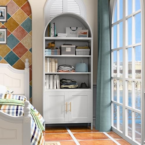 VEXPOR 73" Tall Metal Arched Bookcase with Doors, 5-Tier Arched Bookshelf with 2 Adjustable Shelves for Living Room, Home Office, Assembly Required, White, 15.35" D x 30.71" W x 72.83" H 7