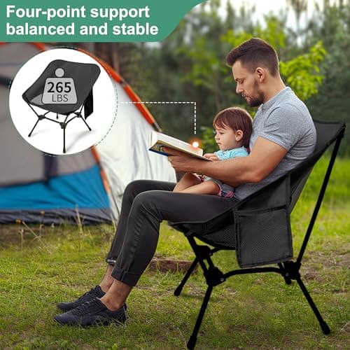 Lightweight Camping Chairs with Adjustable Height, Portable Camping Chairs for Adults with Carry Bag and Side Pockets, Folding Chairs for Outside for Camping, Beach, Fishing, Trip, Picnic (Black) 5
