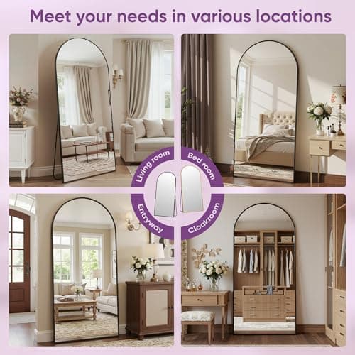 LadyNow Full Length Mirror, 76"x34" Arched Floor Mirror Freestanding, Floor Standing Full Body Mirror with Stand for Bedroom, Hanging Mounted for Living Room Cloakroom, Black 6