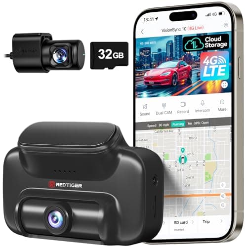 REDTIGER 4G LTE Dash Cam Front Rear, Remote Live Stream, Cloud Storage, 2.5K Dash Camera for Cars with SIM Card(AT&T) and Emergency Alert, 32GB Card & Hardwire Kit Included, GPS, Parking Monitor(VS10)