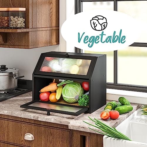 Vriccc Black Bread Box for Kitchen Counter, Large Bamboo Wood Double Layer Bread Box, Wooden Bread Storage Capacity 6