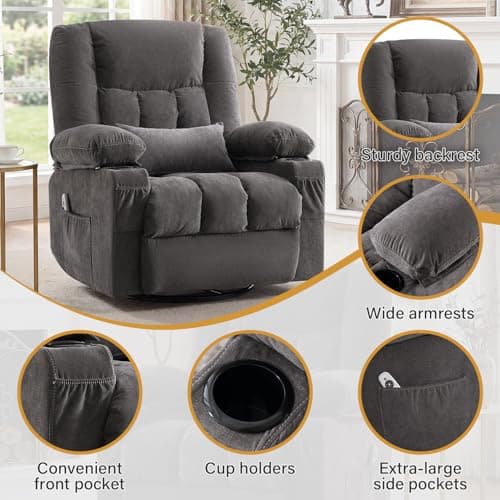 Swivel Recliner Chair for Adults with Vibration Massage and Lumbar Heat, Oversized Ergonomic Rocking Chair for Living Room and Bedroom, Featuring Side Pocket, 2 Cup Holders & USB Charge Port 7