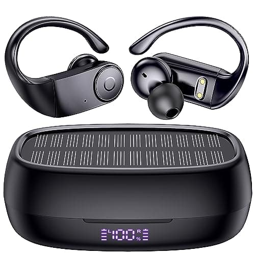 MOZOTER Earbuds Bluetooth Headphones with Earhooks[Solar Charging &Wireless Charging with LED Display][IPX7 Waterproof ] Wireless Over Ear Buds Built-in Mics Headset for Sport Running Workout-Black