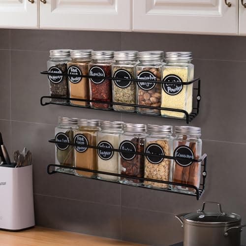 PNHYTUGY Spice Rack Wall Mount, 4 Pack Hanging Spice Rack with 24 Spice Jars, 180 Spice Labels, Whiteboard Marker & Funnel, Screw or Adhesive Spice Rack Organizer for Cabinet.Wall.Metal 7