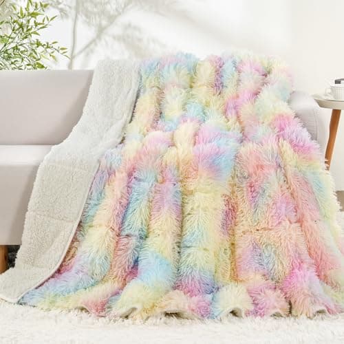 Uttermara Faux Fur Weighted Blanket 15 LBS Twin Full Size, Fluffy Fur Heavy Blanket for Sofa Bed, Super Soft Plush Fleece & Cozy Sherpa Reverse, Luxury Long Fur Adults Bed Blanket, 48" x 72", Rainbow 8