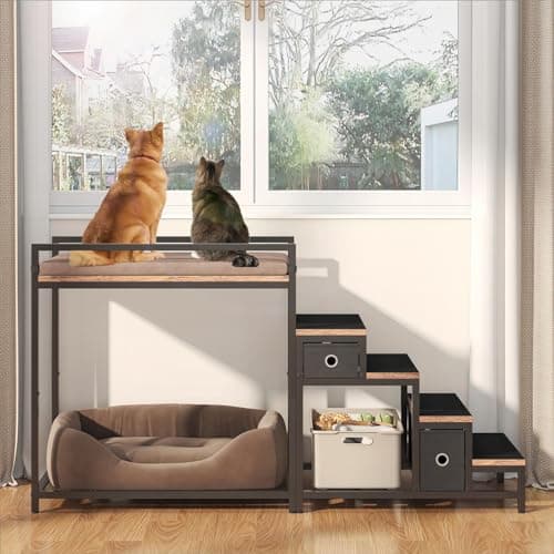 Saudism Pet Bunk Bed with Removable Stairs and 2 Drawers, Dogs/Cats Window Perch, Dog Window Seat with Soft Cushion, Ultra-Shallow Steps, Sturdy Metal Frame, Non-Slip, Load Capacity 60 LBS