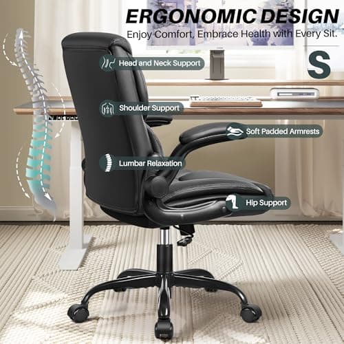 FelixKing Leather Office Chair - Small PU Ergonomic Desk Chair, Comfy Computer Chair with Wheels and Flip-up Armrests, Adjustable Height Mid Back Executive Office Chair for Short People-Black 6