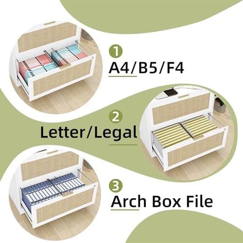HOPUBUY 2 Drawer File Cabinet with Lock, Printer Stand Lateral Filing Cabinets for Home Office and School, Wood Rattan File Cabinet for Hanging Files/Letter/Legal/A4/F4 Size, White 7