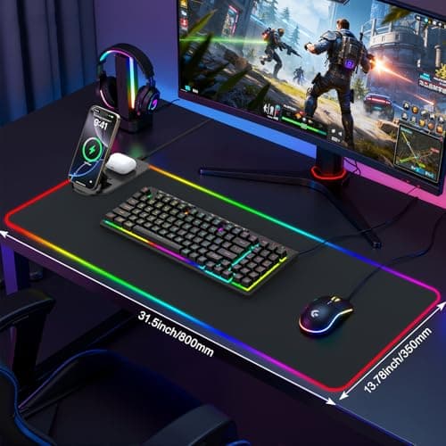 RGB Gaming Mouse Pad Wireless Charging Desk Mat with Foldable Phone Stand, Large LED Gaming Mat 800x350x4mm, 15 Light Modes, Waterproof, Keyboard Pad for PC Computer, Includes 20W PD Power Adapter 8