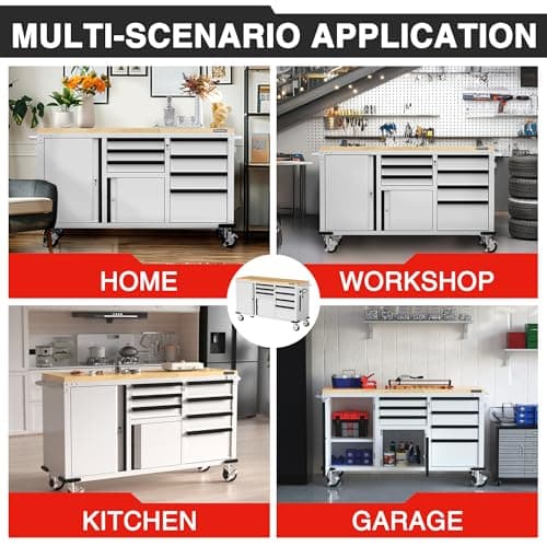WORKPRO 62" x 20" 7-Drawer & 2-Door Rolling Tool Chest, Mobile Tool Storage Cabinet with Power Strip, Locking System, Heavy Duty Rolling Cabinet for Garage, Warehouse & Kitchen, 1000 lbs Capacity 8